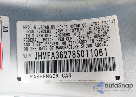2008 Honda Civic Hybrid from USA, damaged, VIN JHMFA36278S011061